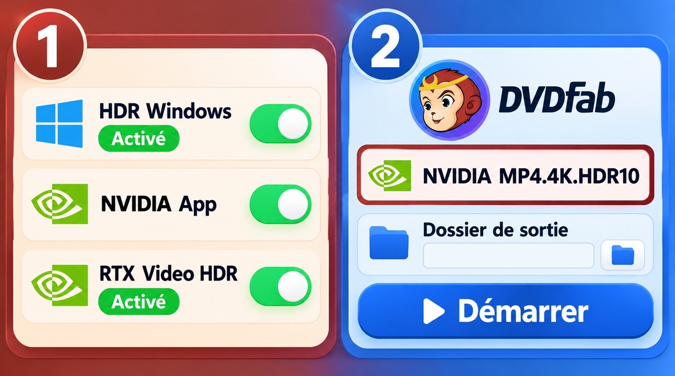 Activation de RTX Video HDR et sélection du profil MP4.4K.HDR10 dans DVDFab.