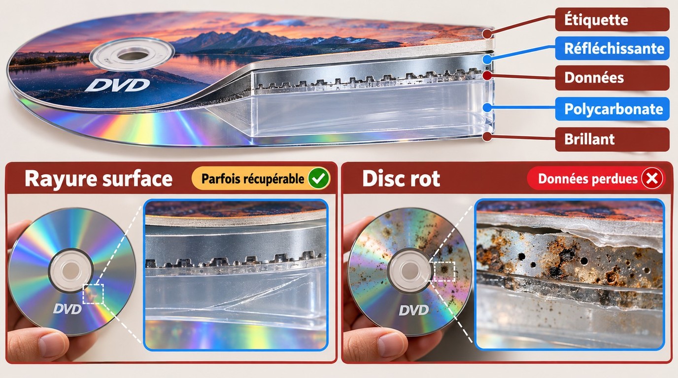Différence entre rayure de surface et pourriture touchant la couche de données du DVD.