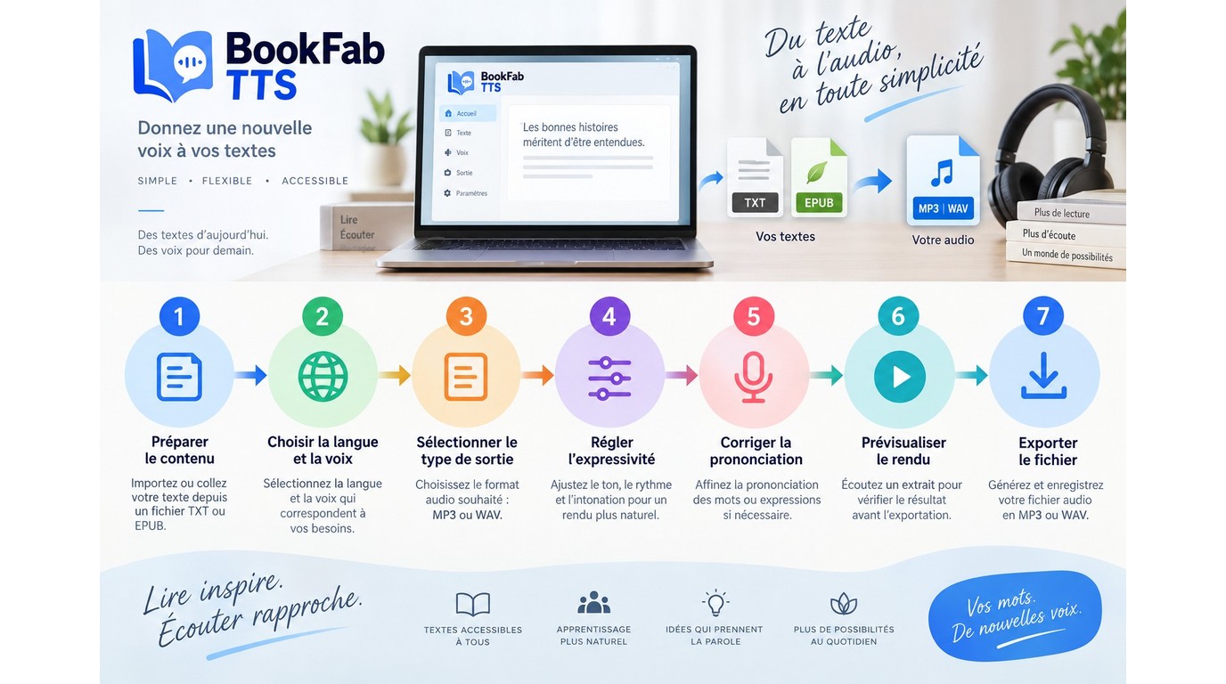 Flux BookFab TTS en sept étapes, du texte à l’export audio