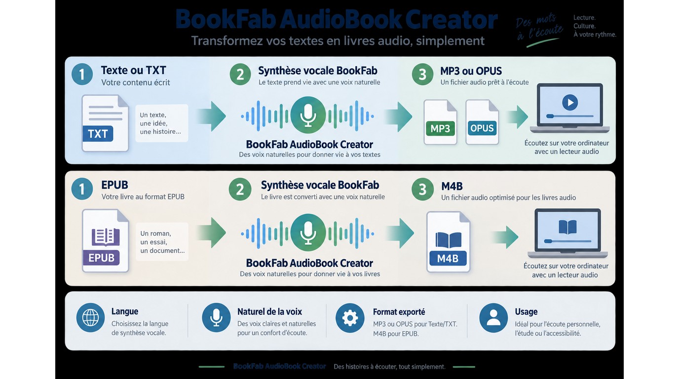Flux BookFab d’un texte ou EPUB vers un fichier MP3, OPUS ou M4B