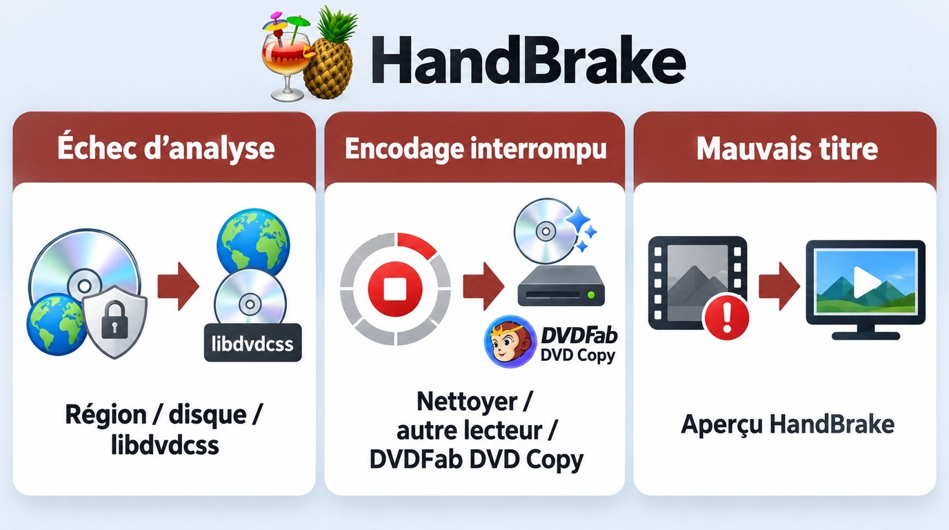 Diagnostic HandBrake selon échec de scan, encodage interrompu ou mauvais titre