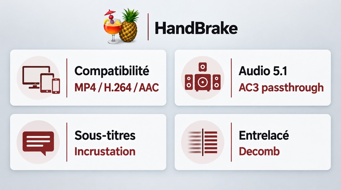 Réglages HandBrake selon compatibilité, son 5.1, sous-titres et entrelacement