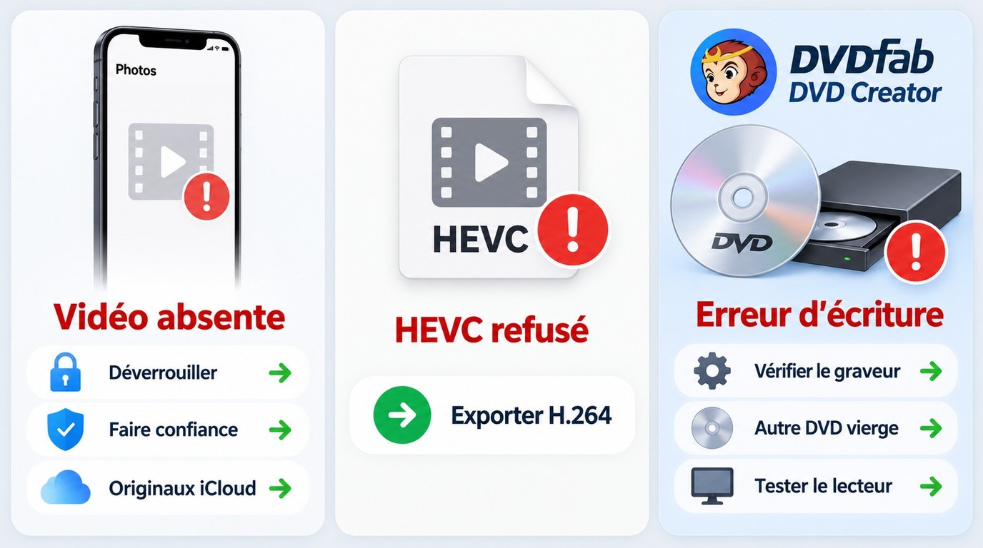 Diagnostic des échecs de transfert, de fichier HEVC et de gravure avec DVDFab DVD Creator