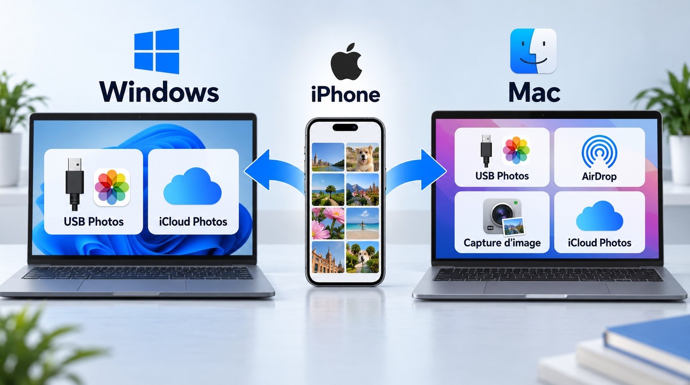 Méthodes de transfert iPhone vers Windows ou Mac avec Photos, iCloud, AirDrop et USB