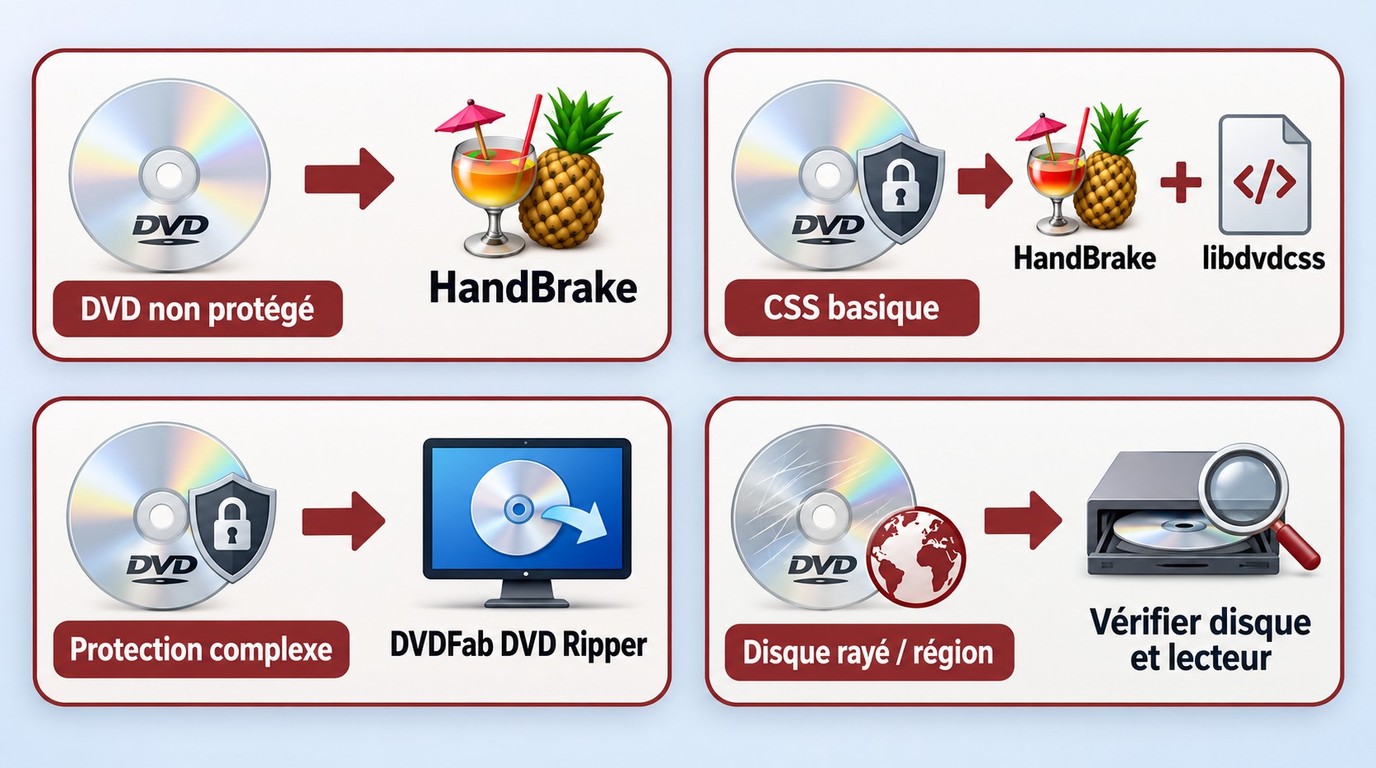 Choix entre HandBrake, libdvdcss et un ripper selon le type de DVD