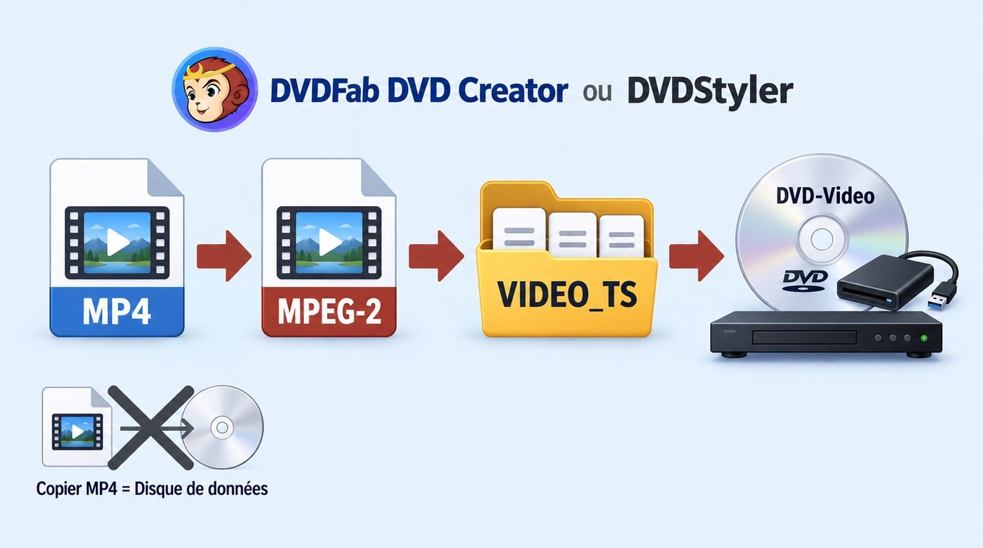 Du fichier MP4 au DVD-Video via MPEG-2 et VIDEO_TS, contrairement au simple disque de données.