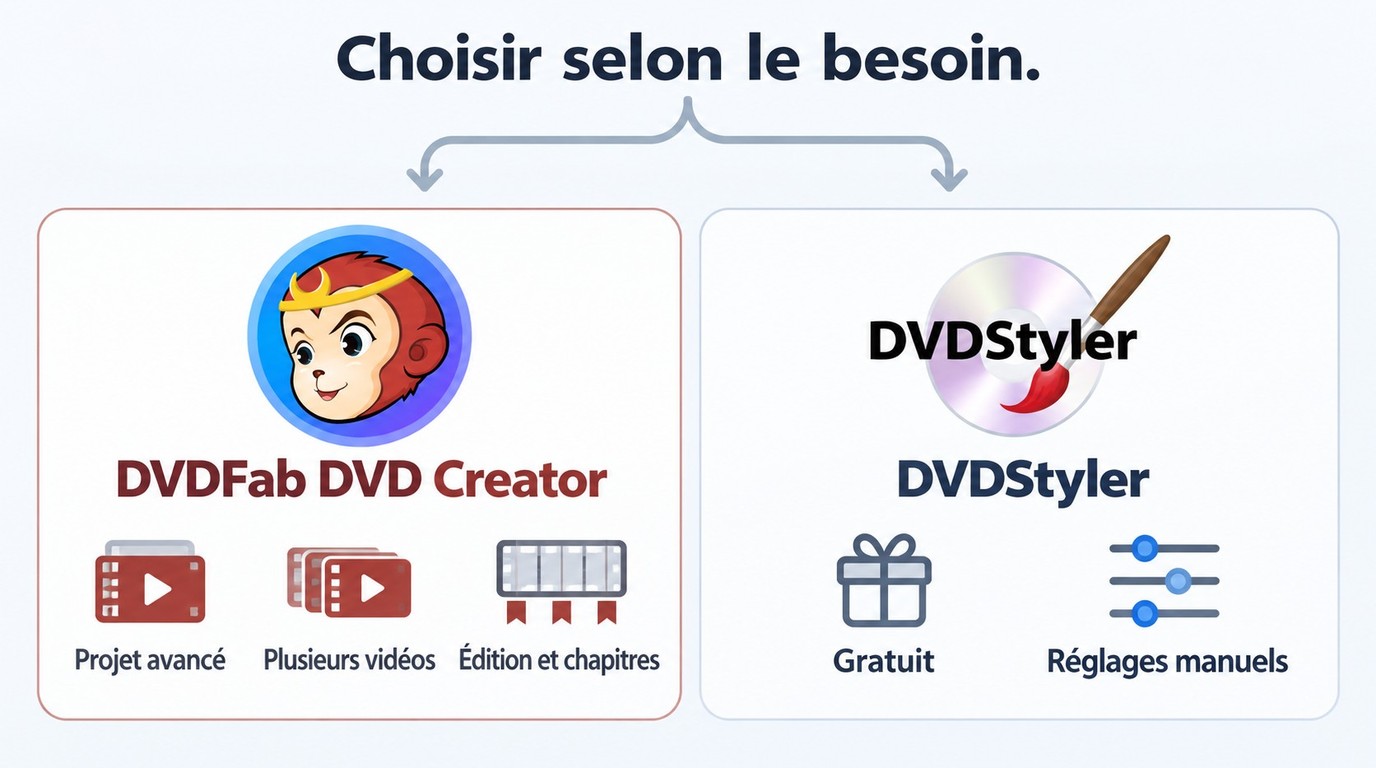 Choisir DVDFab DVD Creator pour un projet avancé, ou DVDStyler pour une solution gratuite.