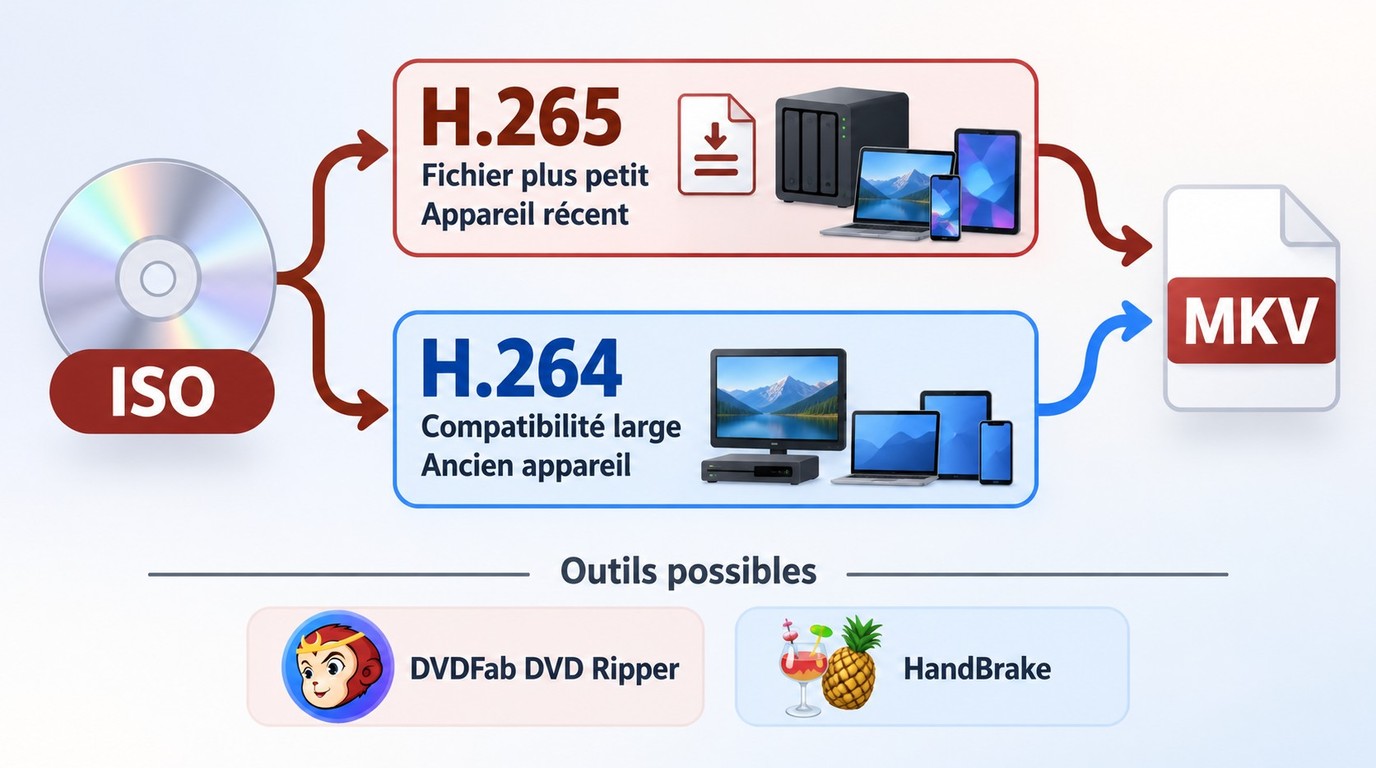 Choix entre H.265 pour réduire la taille et H.264 pour une compatibilité plus large.