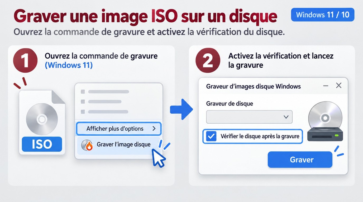 Menu Windows 11 et fenêtre Graver l'image disque avec vérification activée