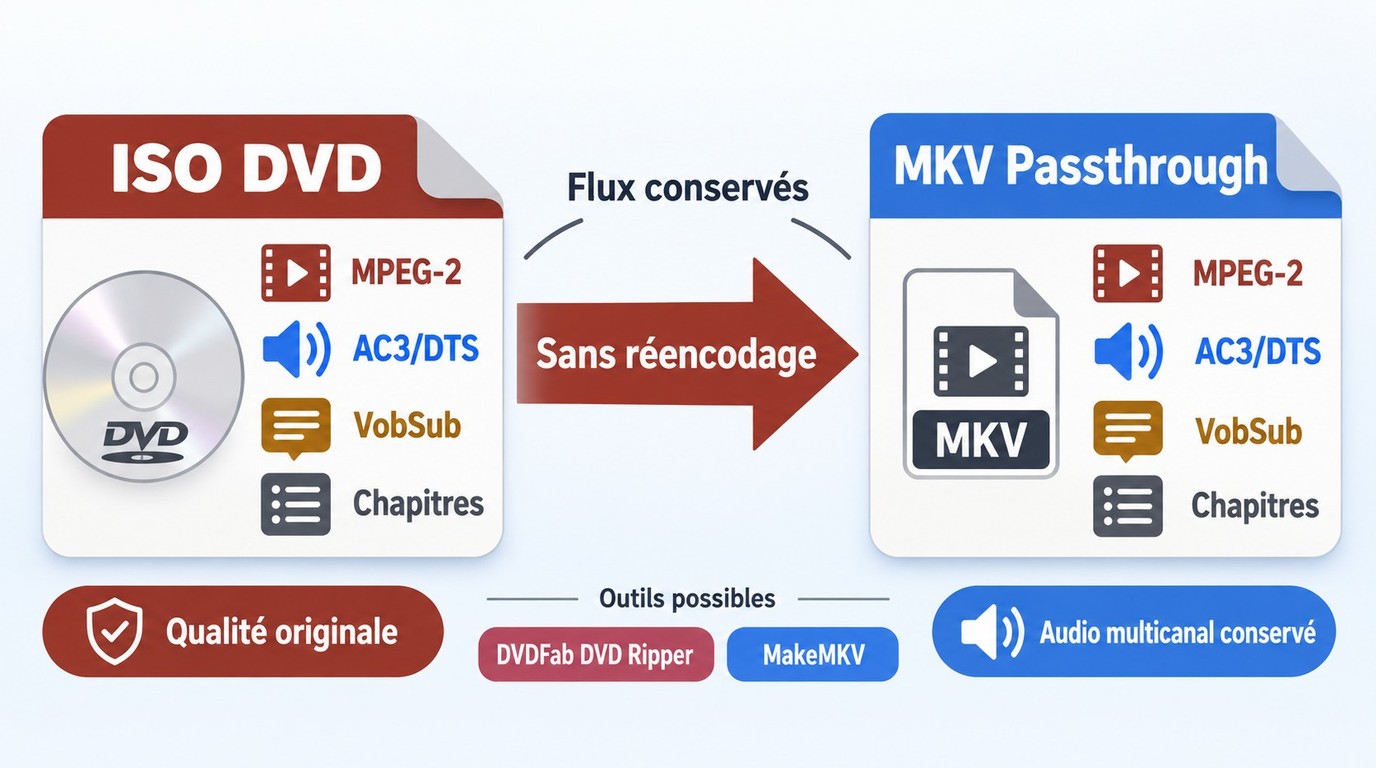 Remux ISO vers MKV avec vidéo, audio et sous-titres conservés sans réencodage.