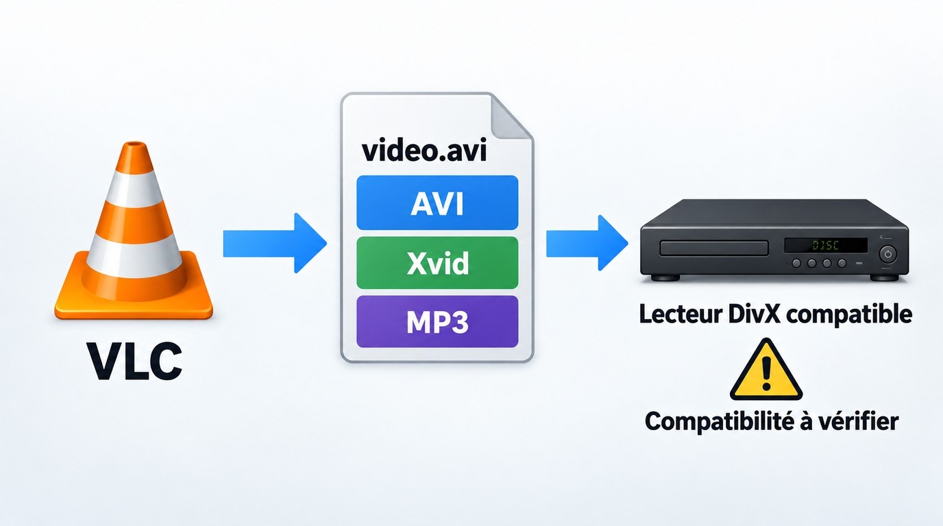 AVI dans VLC: extension, conteneur et codecs sont des réglages distincts.