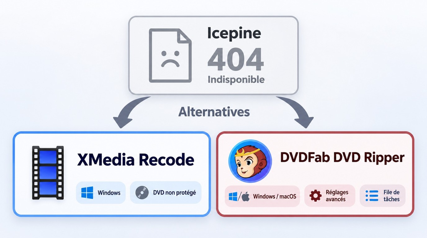 Remplacer Icepine par XMedia Recode ou DVDFab selon le système et les réglages.