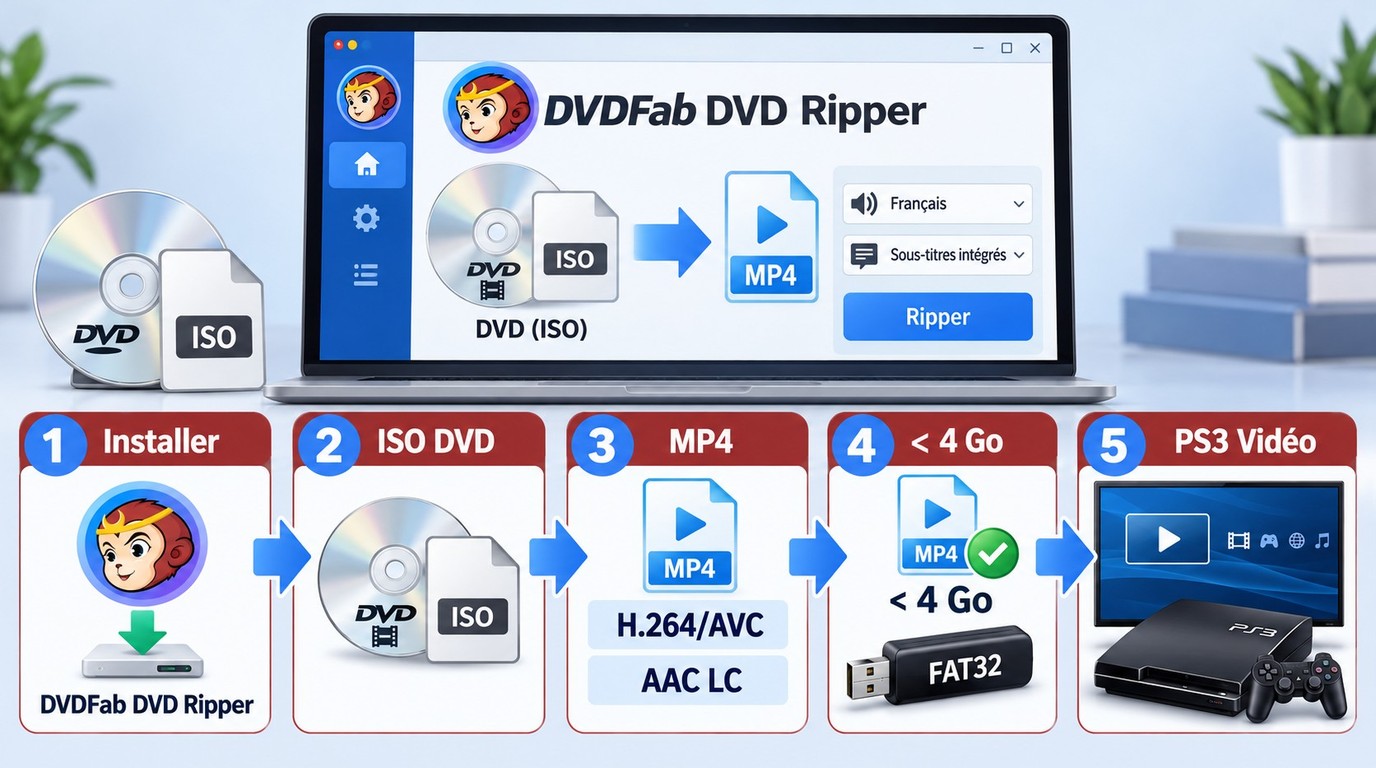 Conversion d'un ISO DVD avec DVDFab en MP4, puis copie FAT32 et lecture sur PS3.