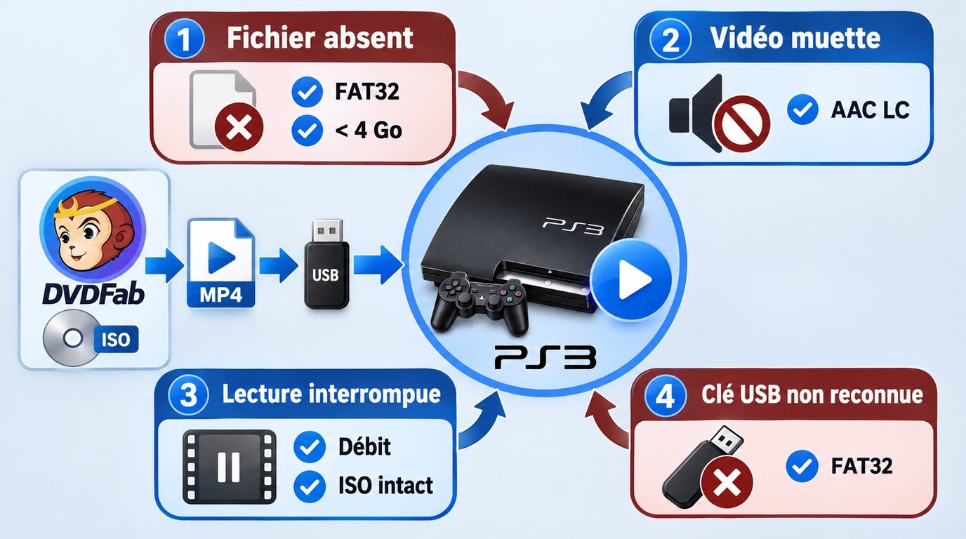 Diagnostic PS3 par symptôme : USB, FAT32, taille, codecs, débit et intégrité de l'ISO.