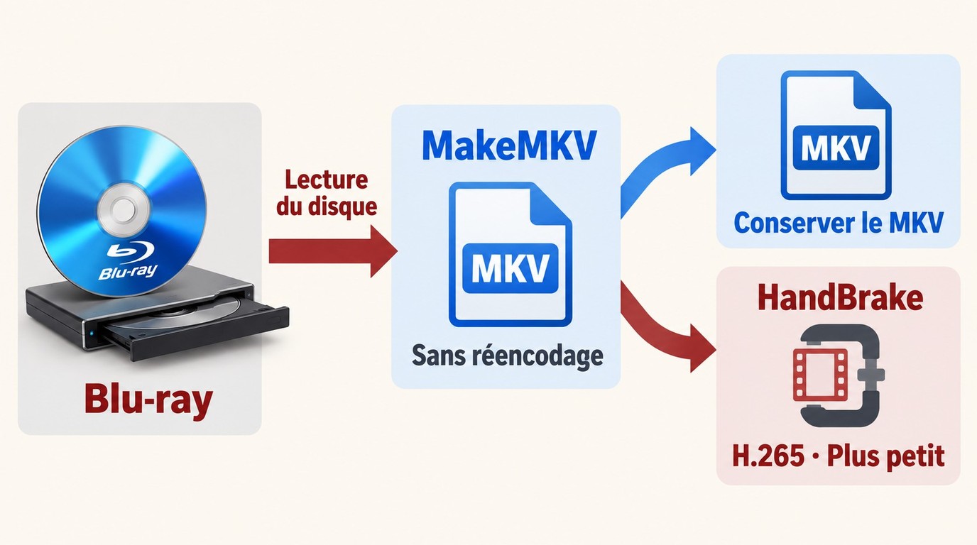 Parcours MakeMKV vers un MKV complet, puis compression facultative avec HandBrake en H.265