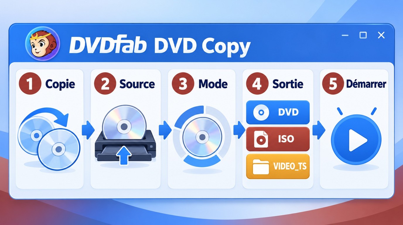 Étapes dans DVDFab DVD Copy, de l'ajout du DVD au choix de la sortie puis au lancement.