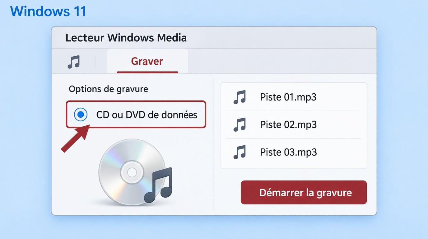 Choix du mode CD ou DVD de données dans le Lecteur Windows Media hérité.