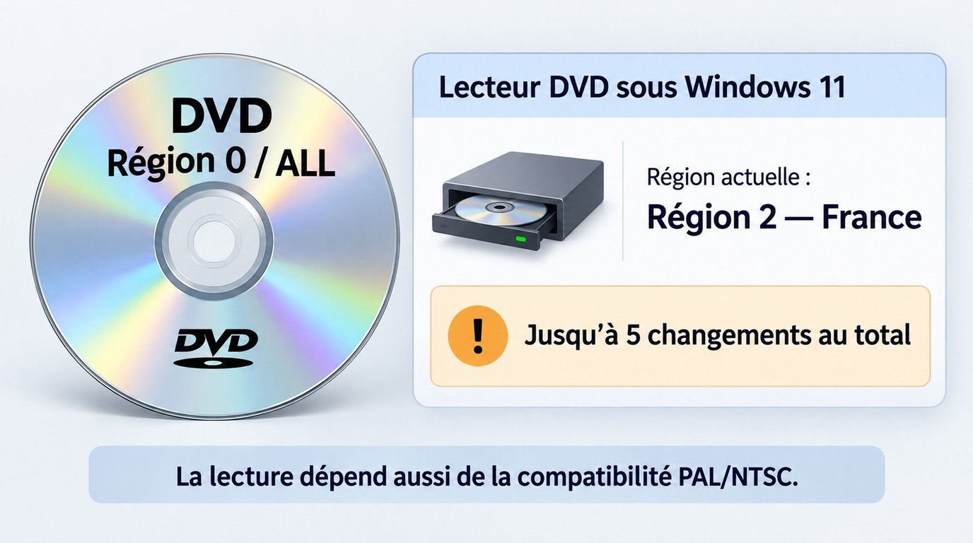 Réglage de la région du lecteur DVD dans Windows 11 avec la limite de changements.