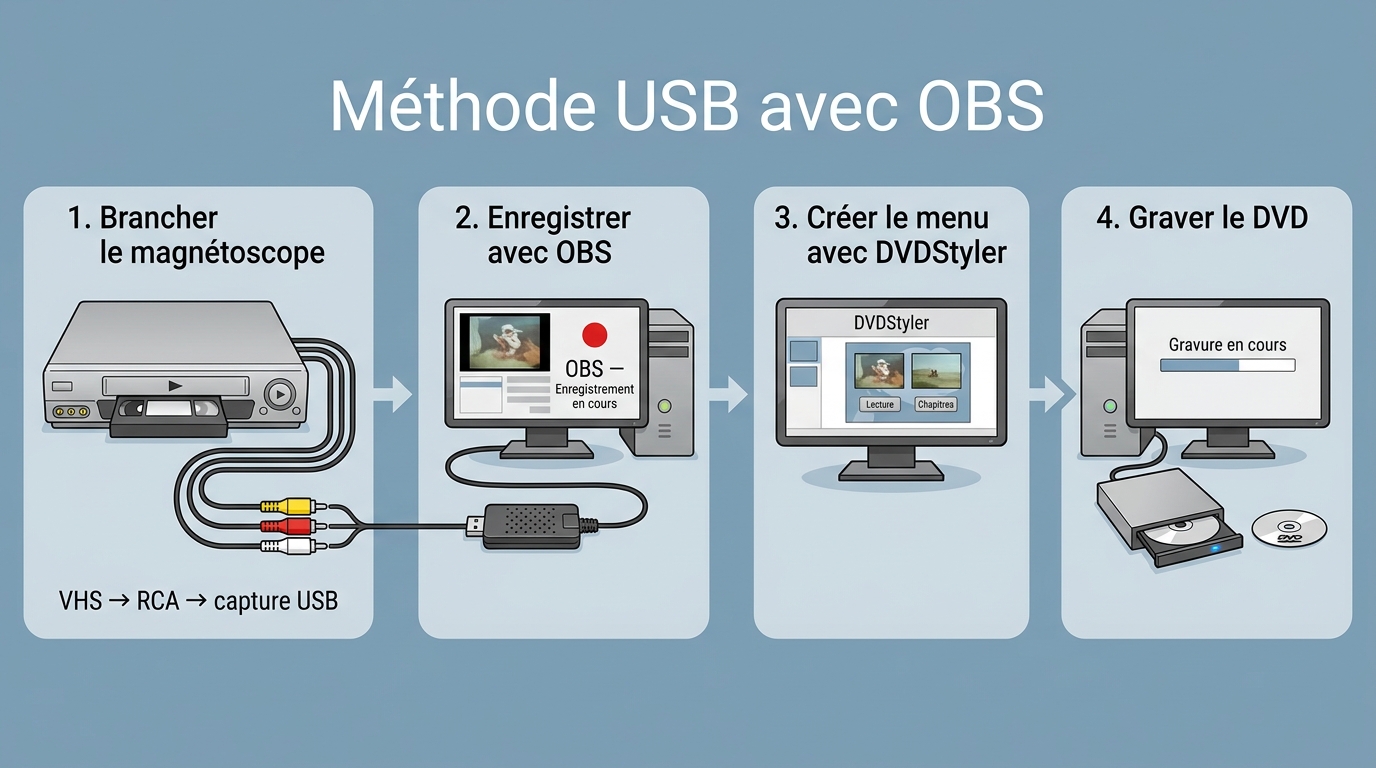 Parcours VHS vers DVD avec branchement RCA, capture OBS, création DVDStyler et gravure