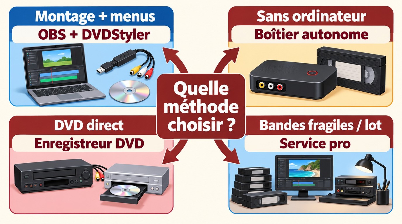 Choix entre OBS, boîtier autonome, enregistreur DVD et service professionnel selon le besoin