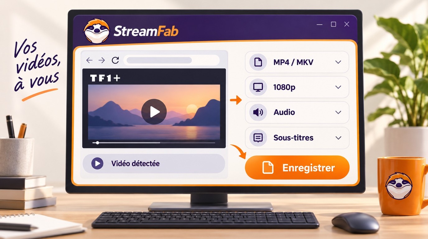Parcours StreamFab pour ouvrir TF1+, détecter MPD et choisir MP4 ou MKV en 1080p