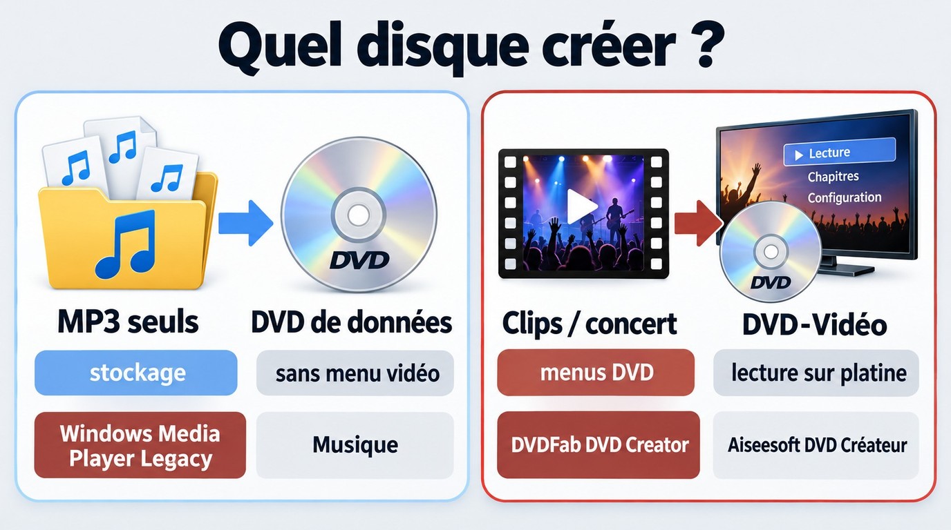 Choix entre DVD de données pour MP3 et DVD-Vidéo pour clips avec menus