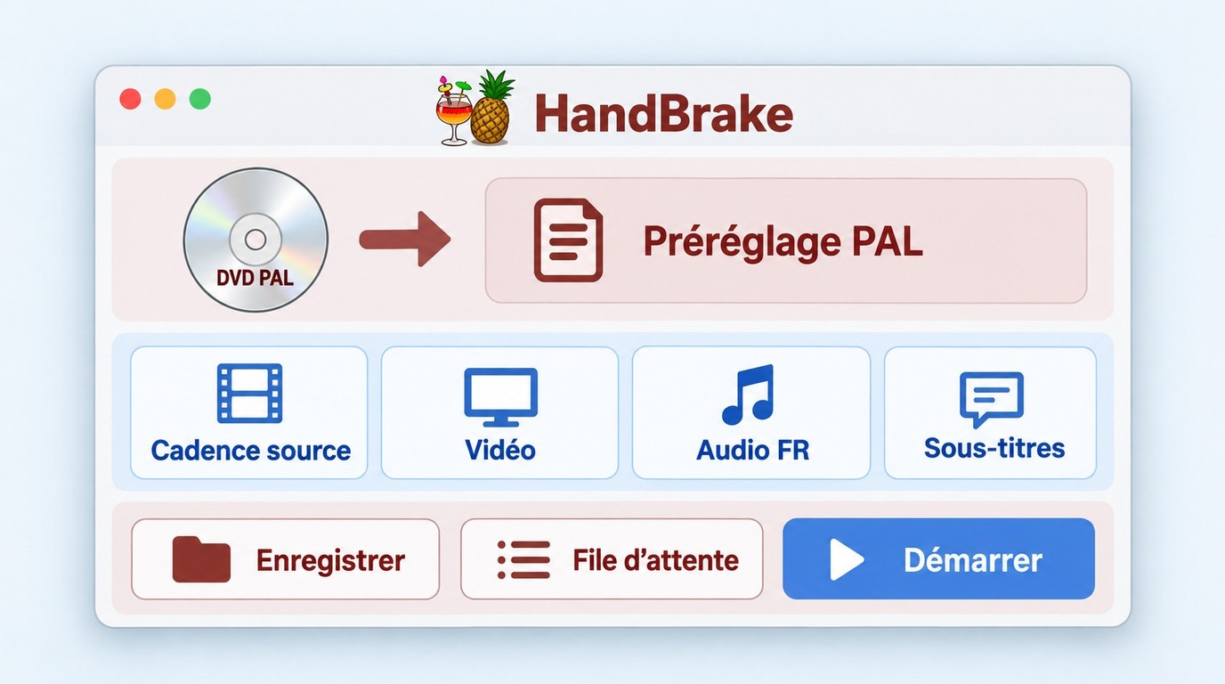 Réglages HandBrake sur Mac pour le préréglage, les pistes et la sauvegarde.