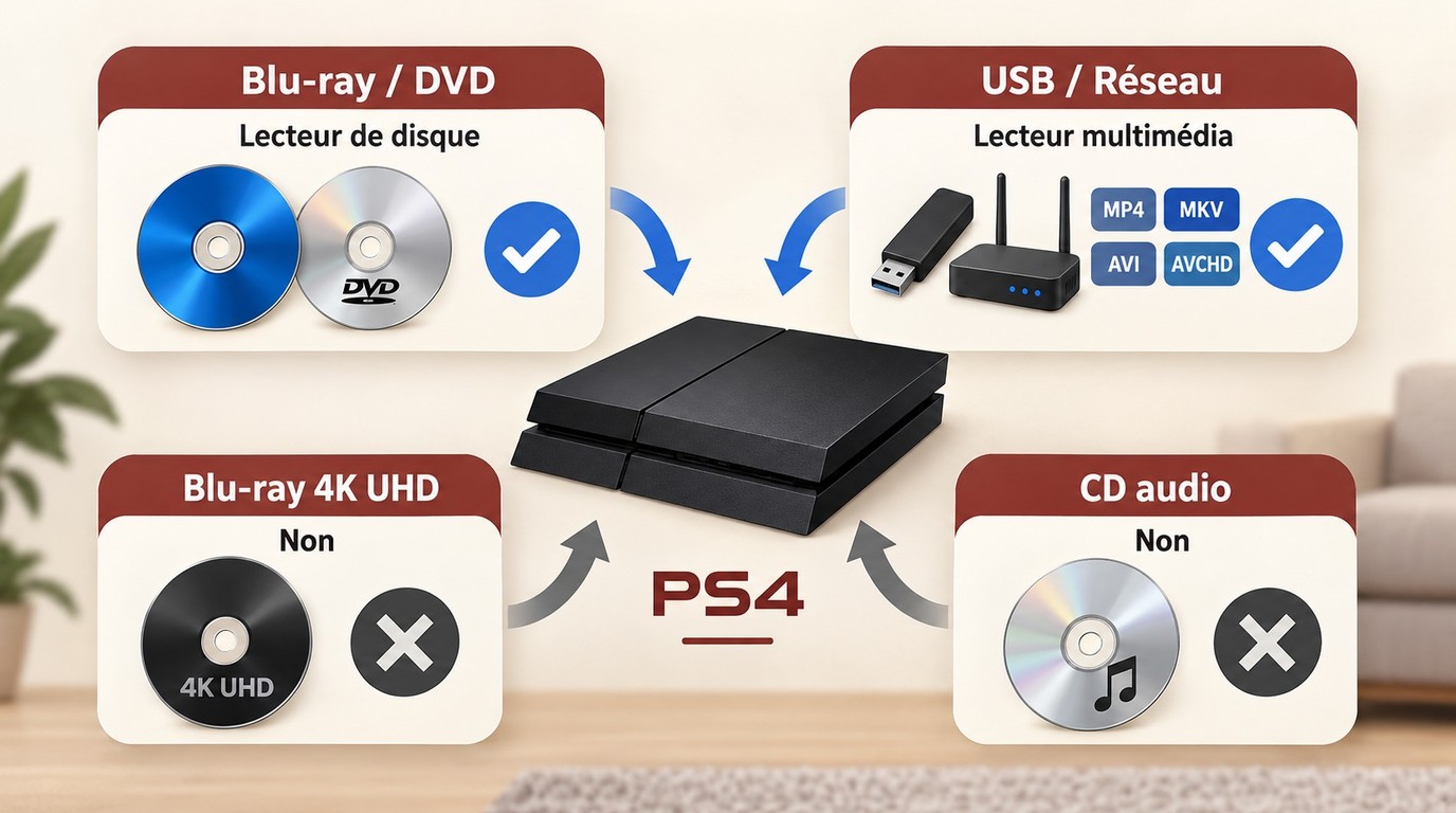 Choix du lecteur PS4 selon un Blu-ray, un DVD, un fichier USB ou un format non pris en charge