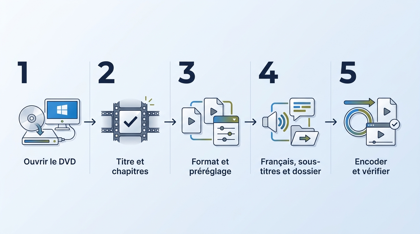 Parcours HandBrake sous Windows, de la source DVD au contrôle du fichier final.