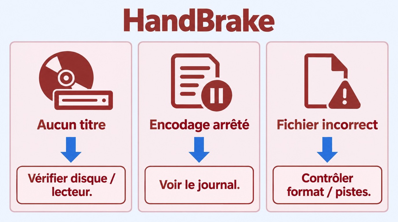 Diagnostic HandBrake pour un titre absent, un encodage interrompu ou un fichier incorrect.