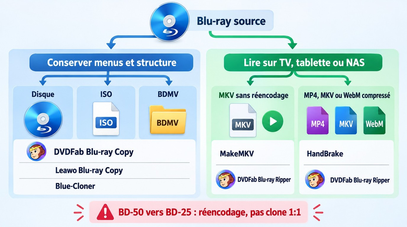 Choix entre disque, ISO, BDMV, MKV et MP4 selon la conservation des menus ou la lecture.