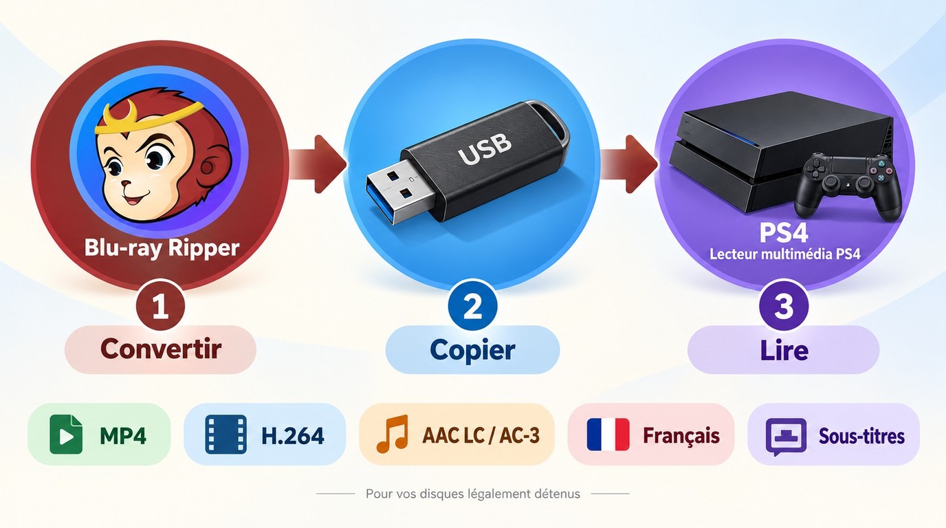 Conversion avec DVDFab, transfert USB et lecture d'un MP4 H.264 dans le Lecteur multimédia PS4