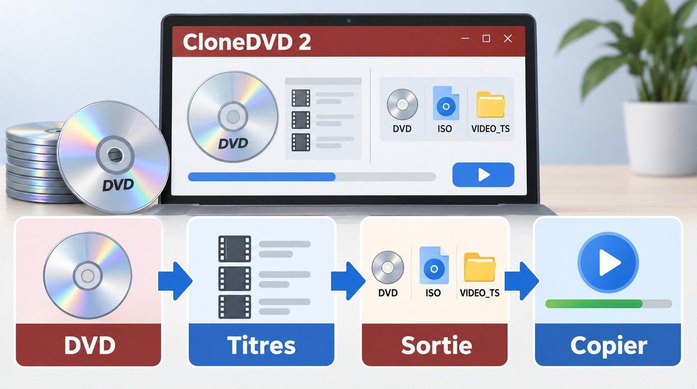 Les quatre étapes pour copier un DVD avec CloneDVD 2 sous Windows.