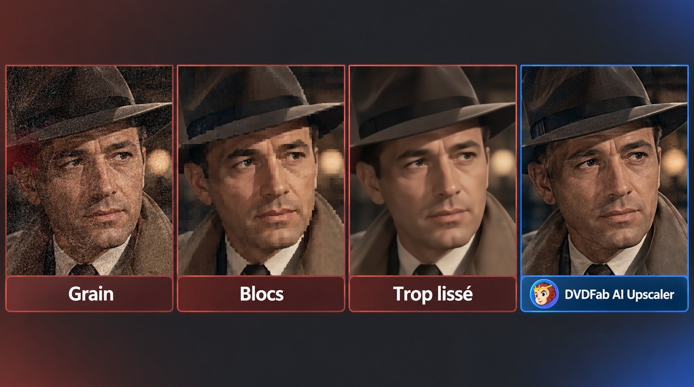 Grain, blocs, lissage excessif et texture préservée avec DVDFab AI Upscaler