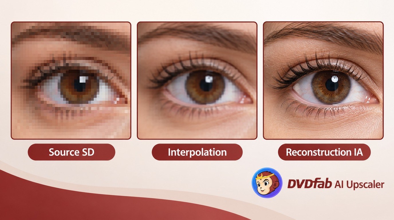 Interpolation et reconstruction par DVDFab AI Upscaler sur le même détail vidéo