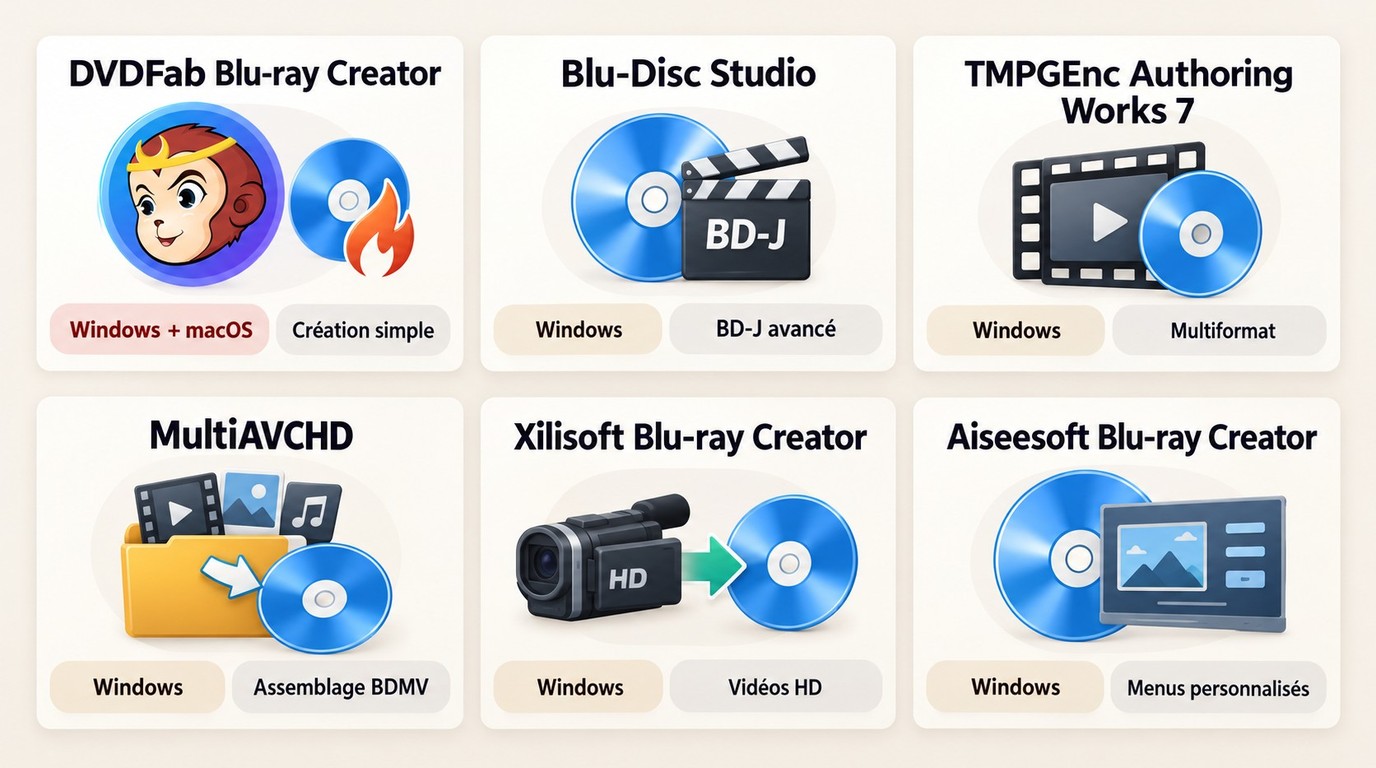 Choix entre DVDFab, Blu-Disc Studio, TMPGEnc et Aiseesoft selon le projet.