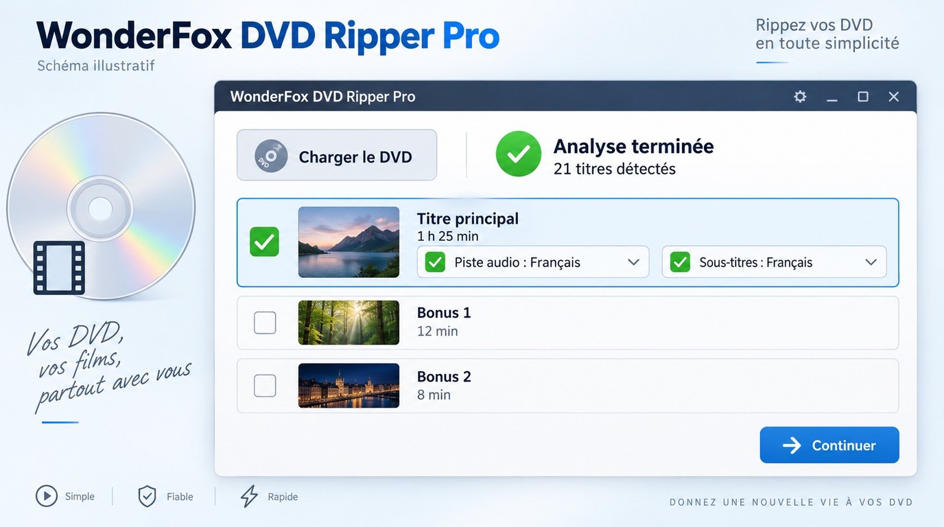 WonderFox DVD Ripper Pro après chargement, avec titre, audio et sous-titres sélectionnés.