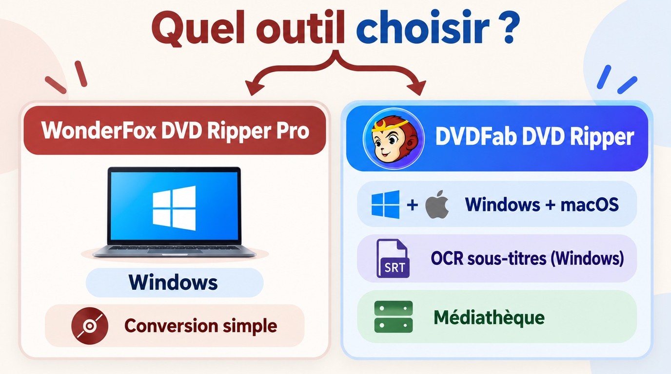 WonderFox DVD Ripper Pro ou DVDFab DVD Ripper selon Windows, macOS et les sous-titres.