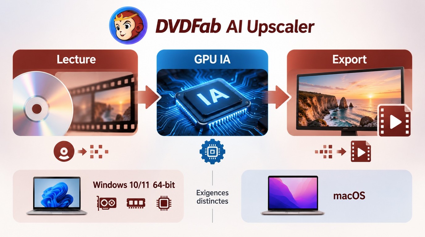 Décodage, traitement GPU et encodage dans DVDFab AI Upscaler sous Windows et macOS