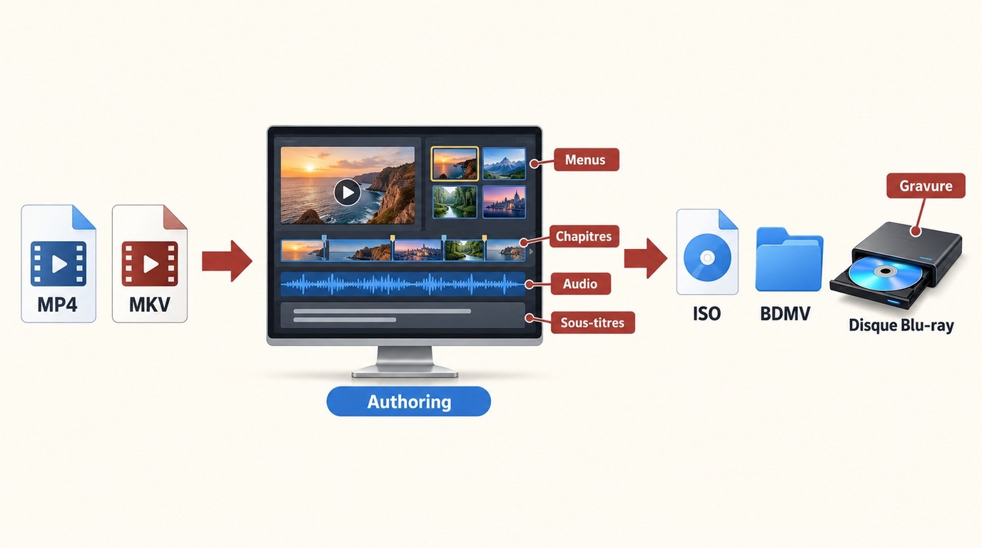Du fichier MP4 ou MKV au menu Blu-ray, puis aux sorties ISO, BDMV ou disque.