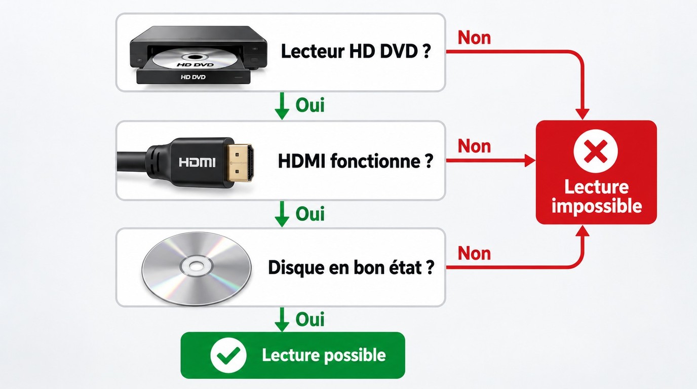 Parcours de vérification pour lire un HD DVD avec un lecteur compatible et une sortie HDMI.