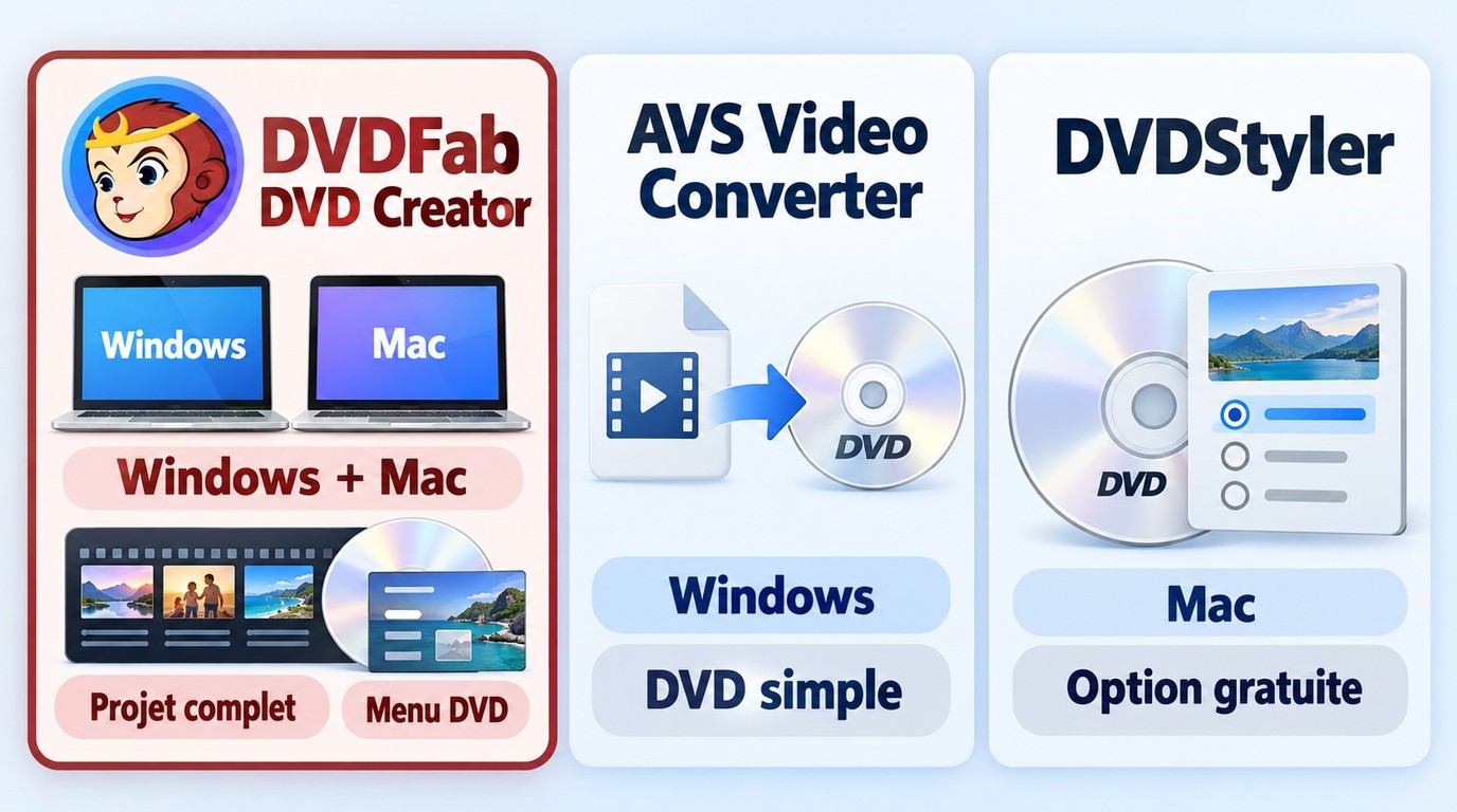 Choisir DVDFab DVD Creator, AVS Video Converter ou DVDStyler selon le système et la sortie.