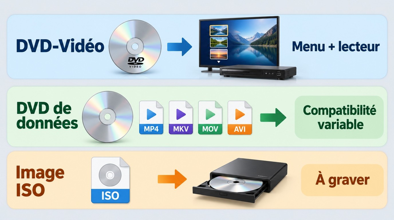Différences entre DVD-Vidéo, DVD de données et image ISO pour un lecteur de salon