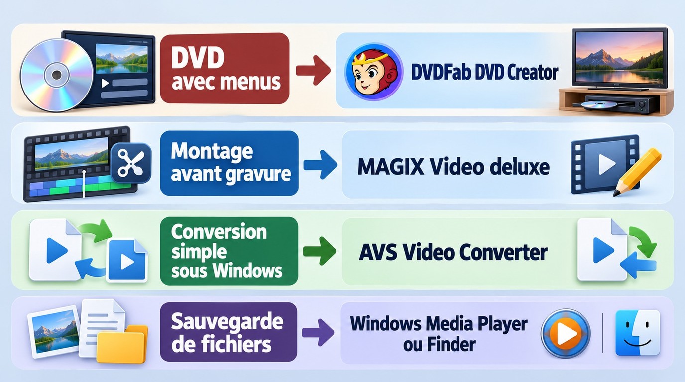 Choix entre DVDFab DVD Creator, MAGIX, AVS, Windows Media Player et Finder selon le besoin