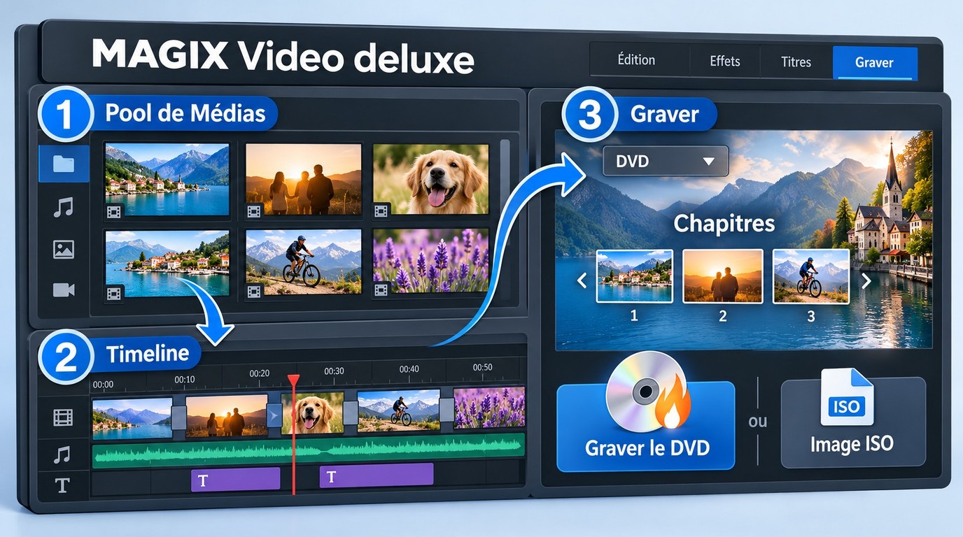 Timeline, menu DVD et options de gravure dans MAGIX Video deluxe