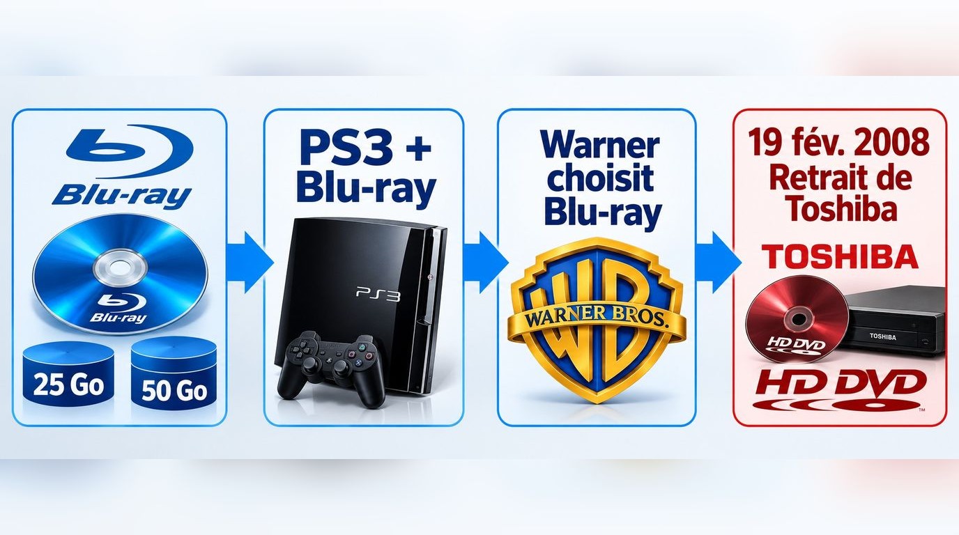 Chronologie de la victoire du Blu-ray avec PS3, Warner Bros. et le retrait de Toshiba.