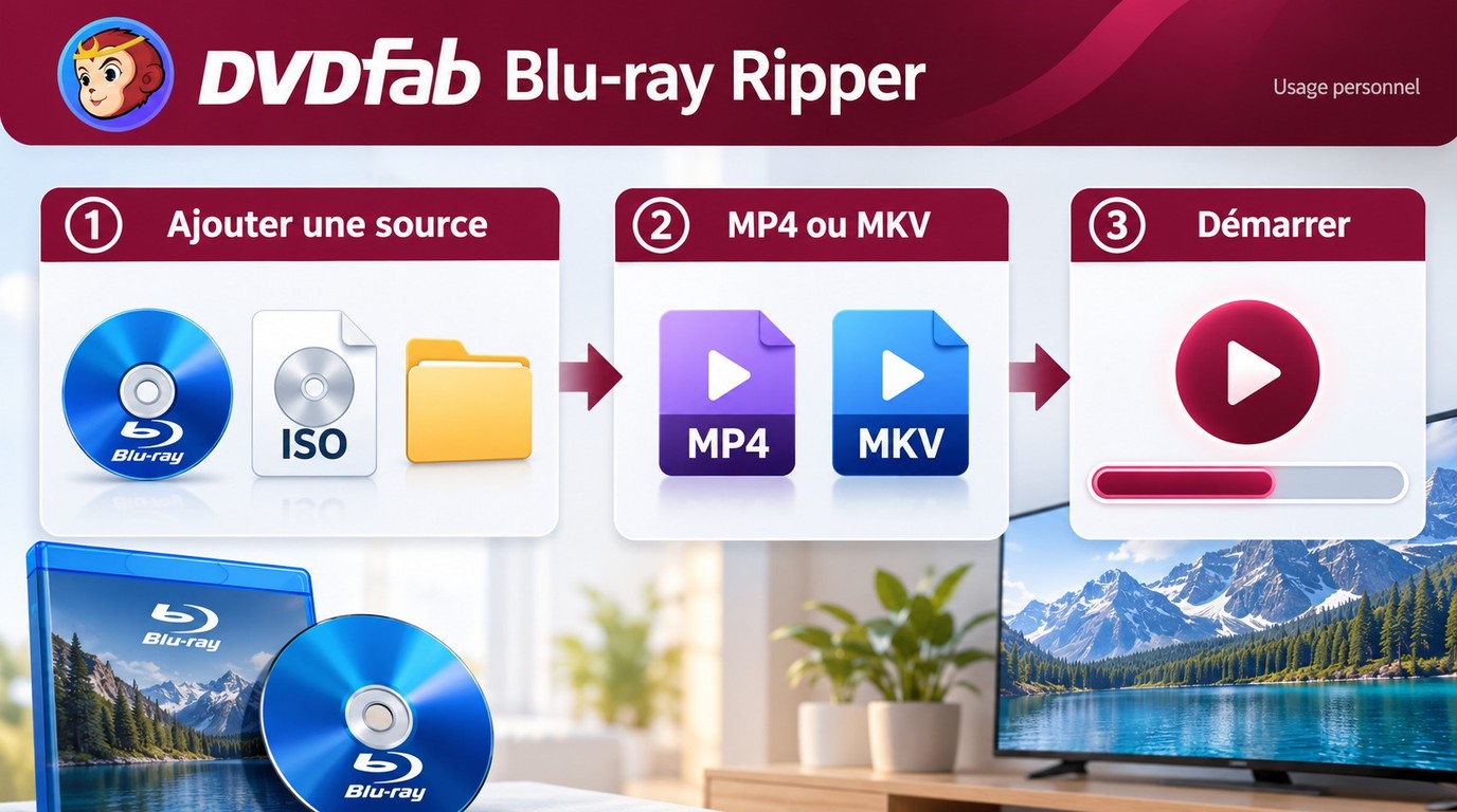 Conversion avec DVDFab Blu-ray Ripper, du chargement du Blu-ray au choix de MP4 ou MKV.