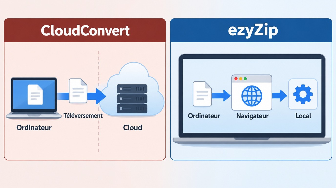 Flux de fichiers avec CloudConvert en ligne et ezyZip en traitement local dans le navigateur.