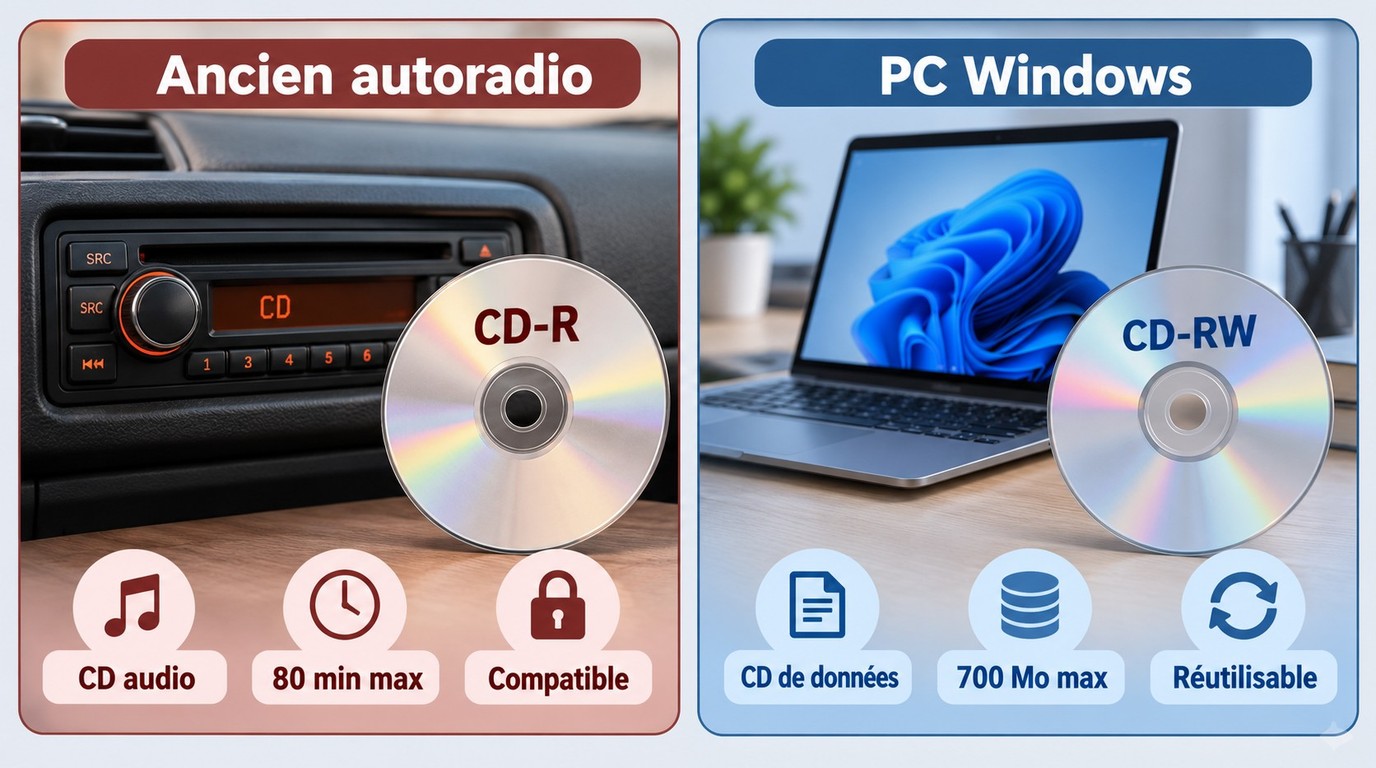 Choix entre CD-R et CD-RW selon le lecteur cible, la capacité et la réutilisation.