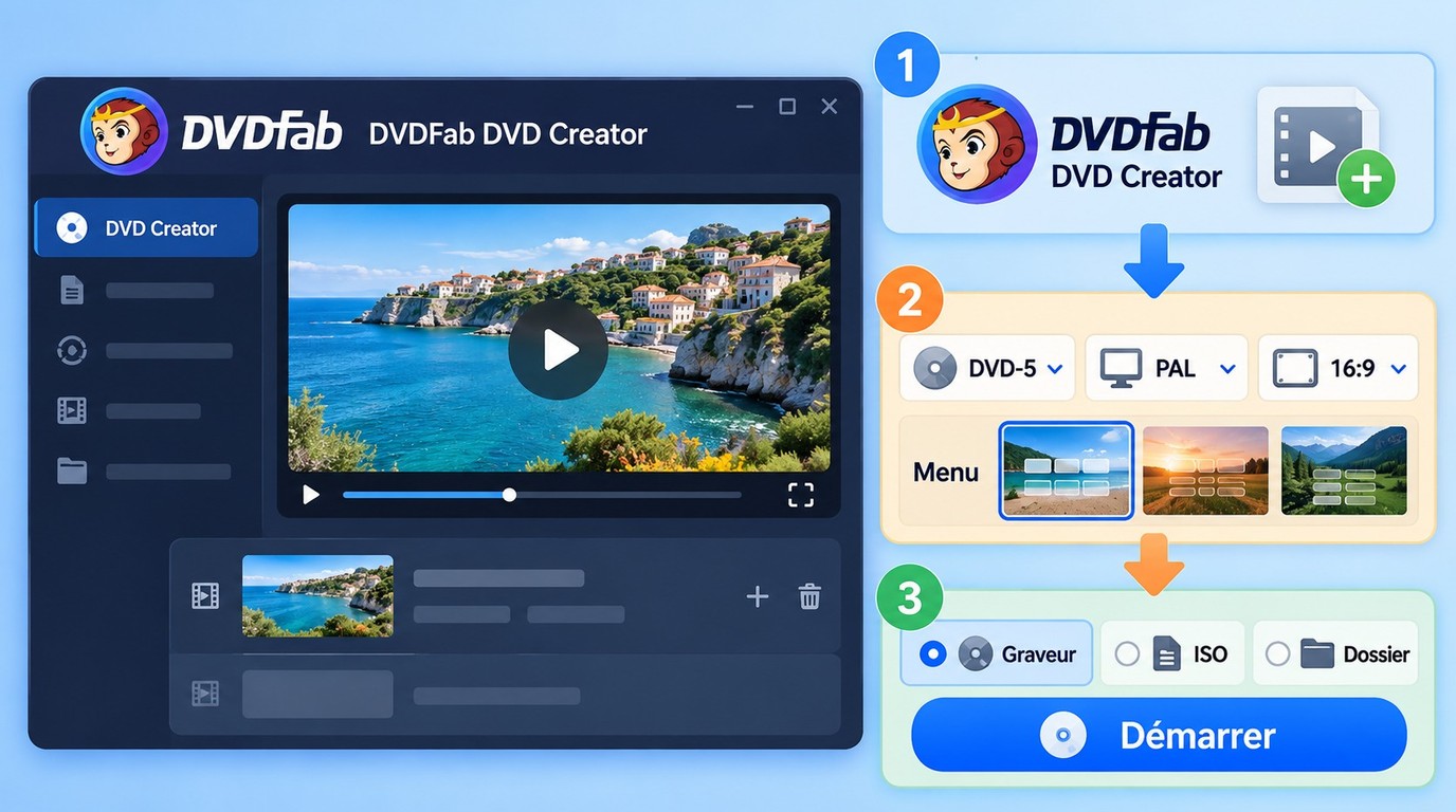 Réglages PAL, DVD-5, menu et gravure dans DVDFab DVD Creator